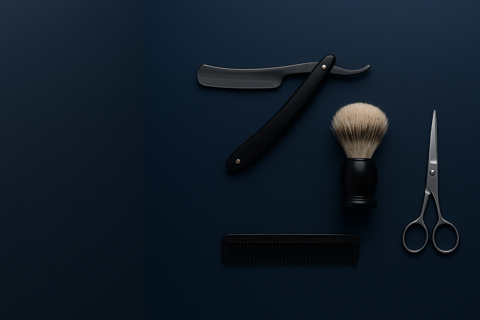 Barber tools including a straight razor, brush, scissors, and comb on a dark background